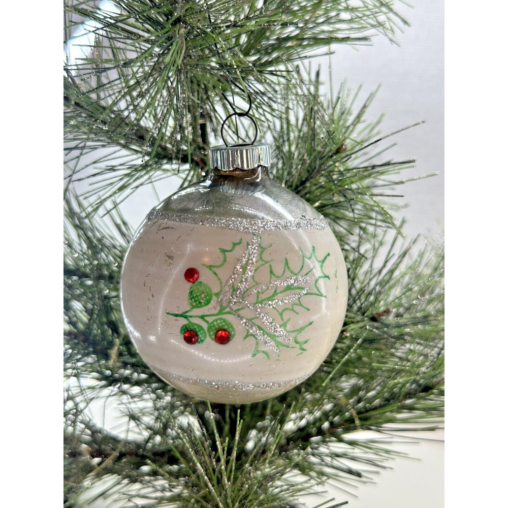 (1) Kurt Adler White‎ Holly Leaf Rhinestone Berry Christmas Glitter Ornament VTG